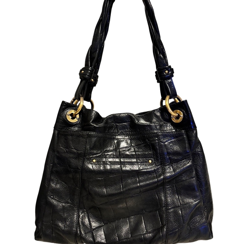 B. Makowsky Hobo Bag Women Large Black Croc Embossed Leather Gold Hardware Y2K - Picture 3 of 8